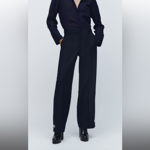NWT Navy Zara Buttoned Straight Leg Pants, S - Picture 2 of 12